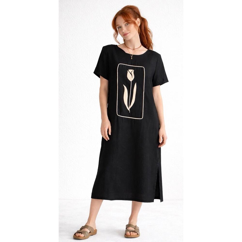 VTG Linda G Honolulu Linen Blend Midi Dress XS Black Tulip Minimalist Art Hawaii